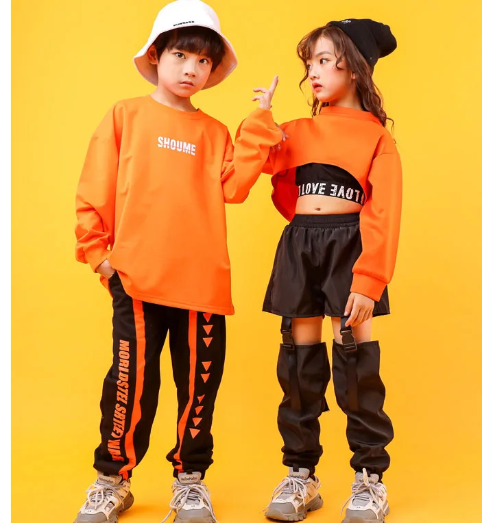 

For 4-16Y Boys Girls Orrange Dancing Costumes Cropped Hoodies Tops Personality Pants Hip-hop Jazz Dance Ballroom Stage Outfits