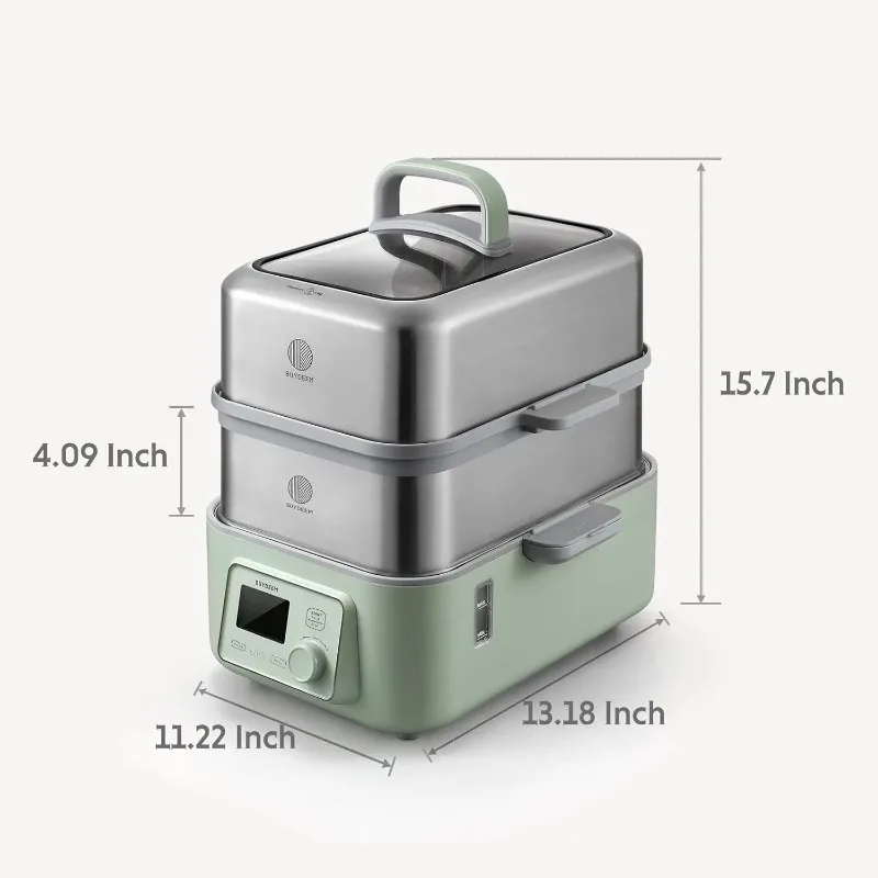 BUYDEEM G563-A501 Electric Food Steamer for Cooking, 2 Tire Stainless Steel Steamer with Slow Cook Mode, 1500W, 10-Quart, Green 6
