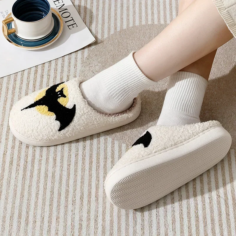 Halloween Bat Slippers Men Women Cartoon Plush Warm Winter Cotton Shoes Couple Fashion Home Flat Shoes Soft Comfortable