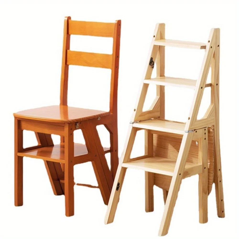 Foldable 4 Step Wooden Ladder Stool Multi-Functional Home Step Ladders Storage Shelf - Image 5