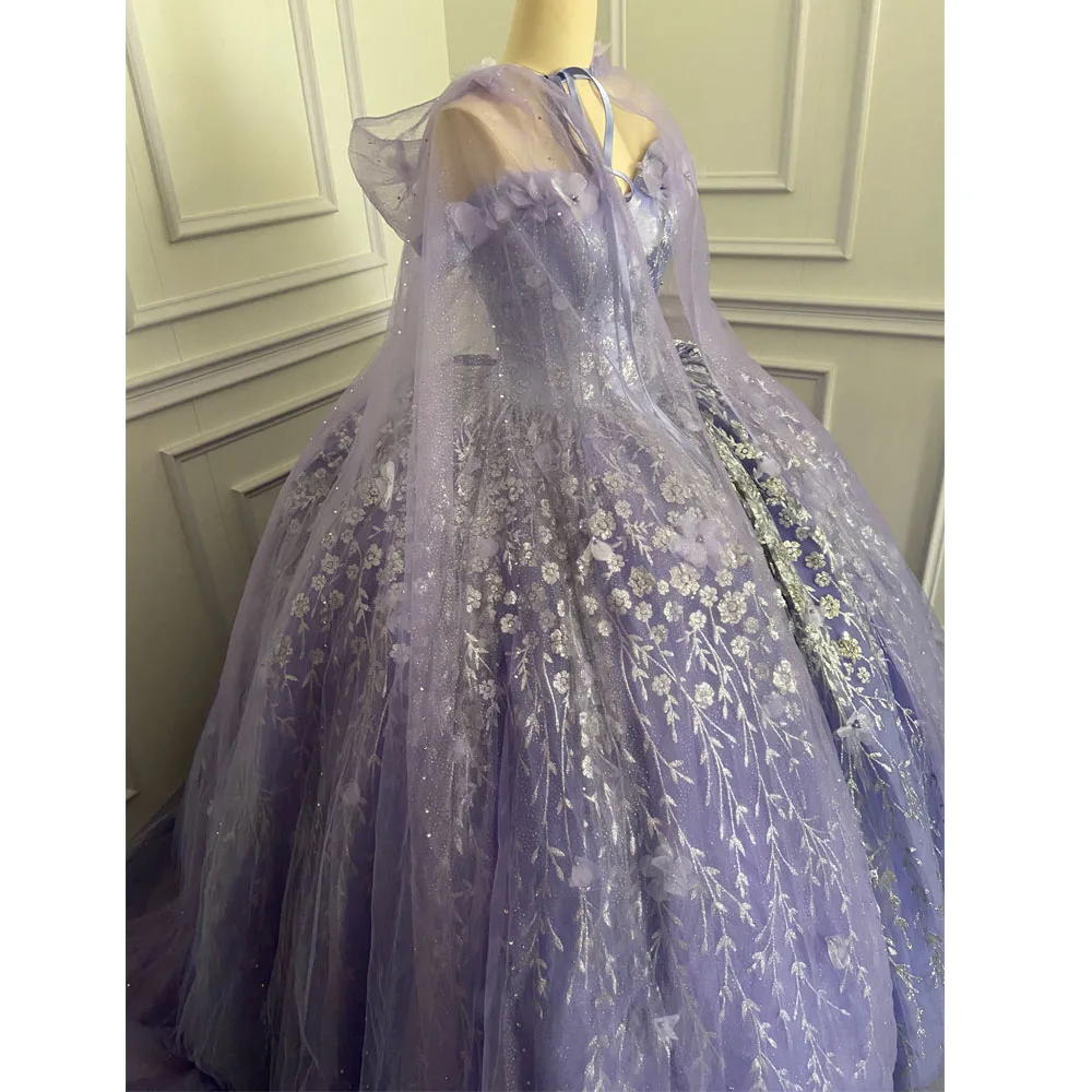 Lavender Quinceanera Sweet 16 Dresses Lace Applique Off Shoulder Lace-up Prom Ball Gowns Graduation 7th