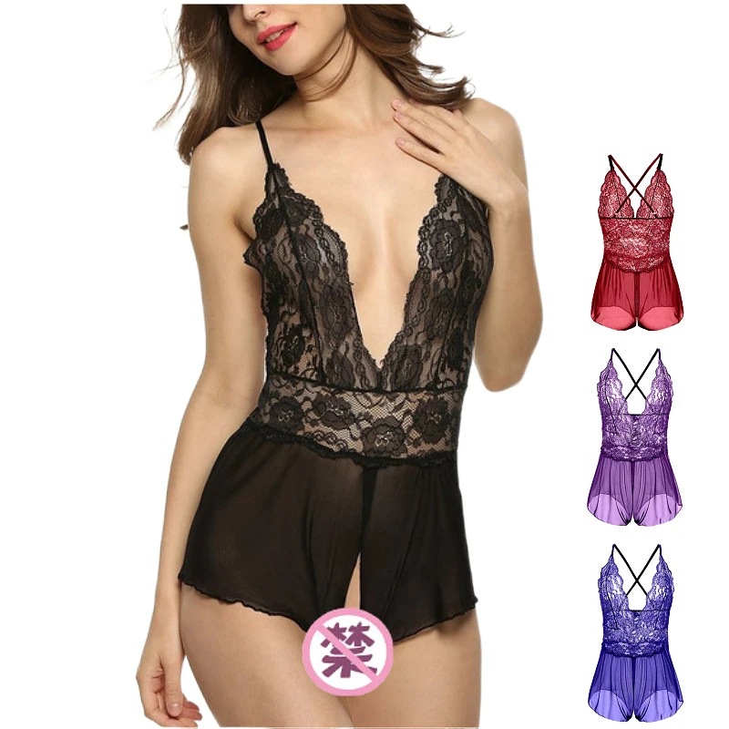 

Sexy Lingerie Backless Halter Lace Bodysuit Transparent Female Body Hot Sexy Jumpsuits Women Deep V Sheer Bodysuits