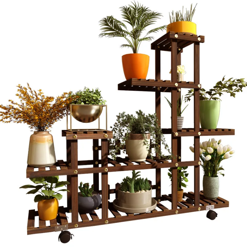 Wooden Flower Shelf Household Balcony Flower Rack Solid Wood Multi-layer Indoor Outdoor Succulent Pot Rack Living Room Bonsai Hanging Pot Table