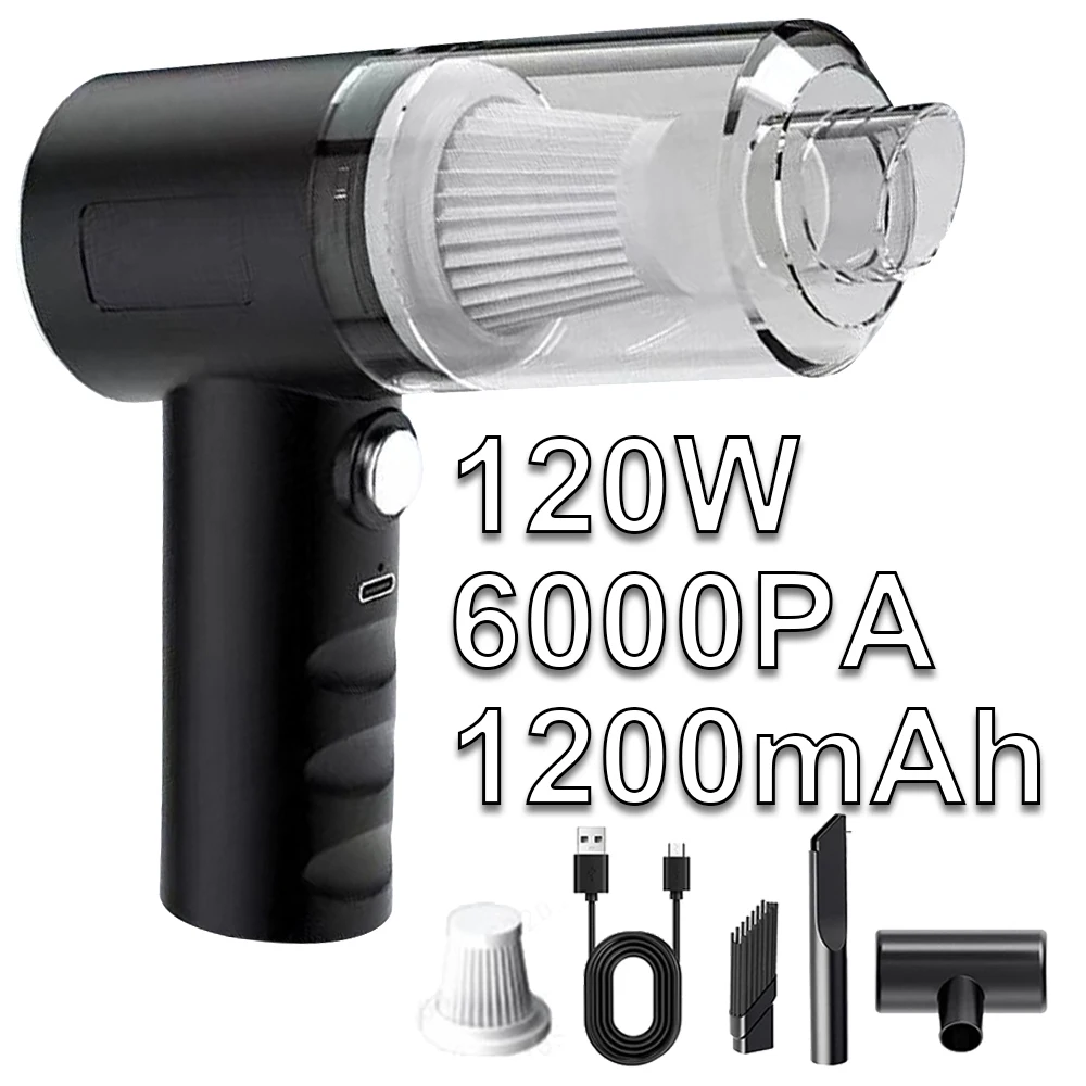 Car Hoover 6000PA Small Air Duster 1200mAh Powerful Hoover 2 in 1 Wireless Dust Collector USB Charging for Home Vehicle Cleaning