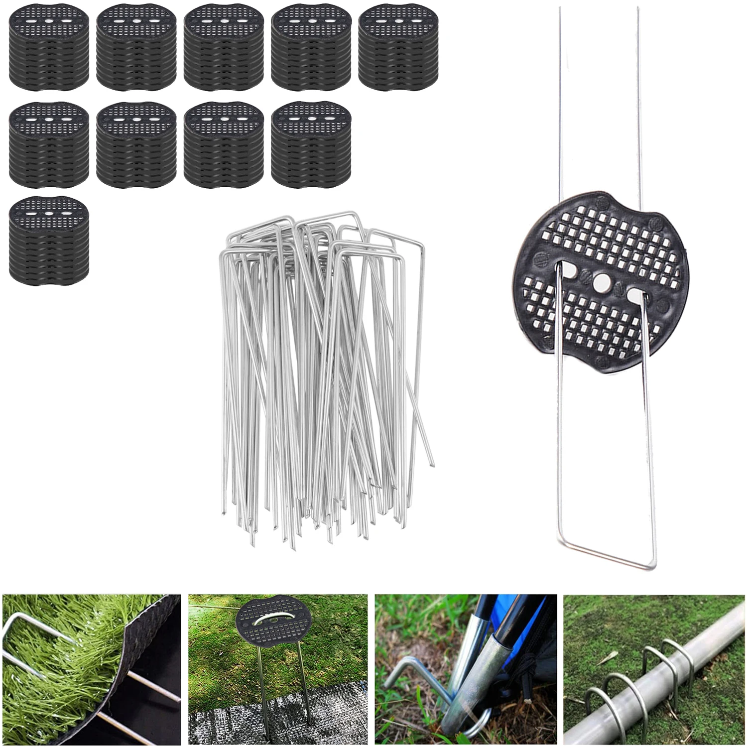 50Pcs Landscape Staples+50Pcs Gasket U-Shaped Garden Pins Garden Stakes Staples Heavy Duty Yard Ground Pin For Weed Barrier