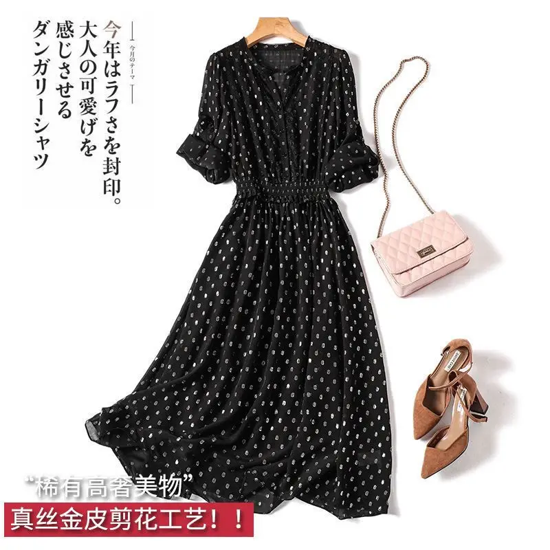 

Limiguyue Vintage Chiffon Midi Polka Dot Dress Women Elegant Elastic Waist Silk Satin Summer Dresses Black A-Line Vestidos E402