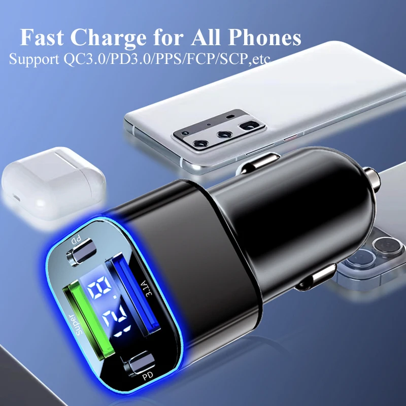 USB C 차량용 충전기 듀얼 PD 초고속 충전 어댑터, 아이폰 15 프로 맥스 14 플러스, 화웨이 원플러스, 삼성 OPPO Vivo용, 4 in 1