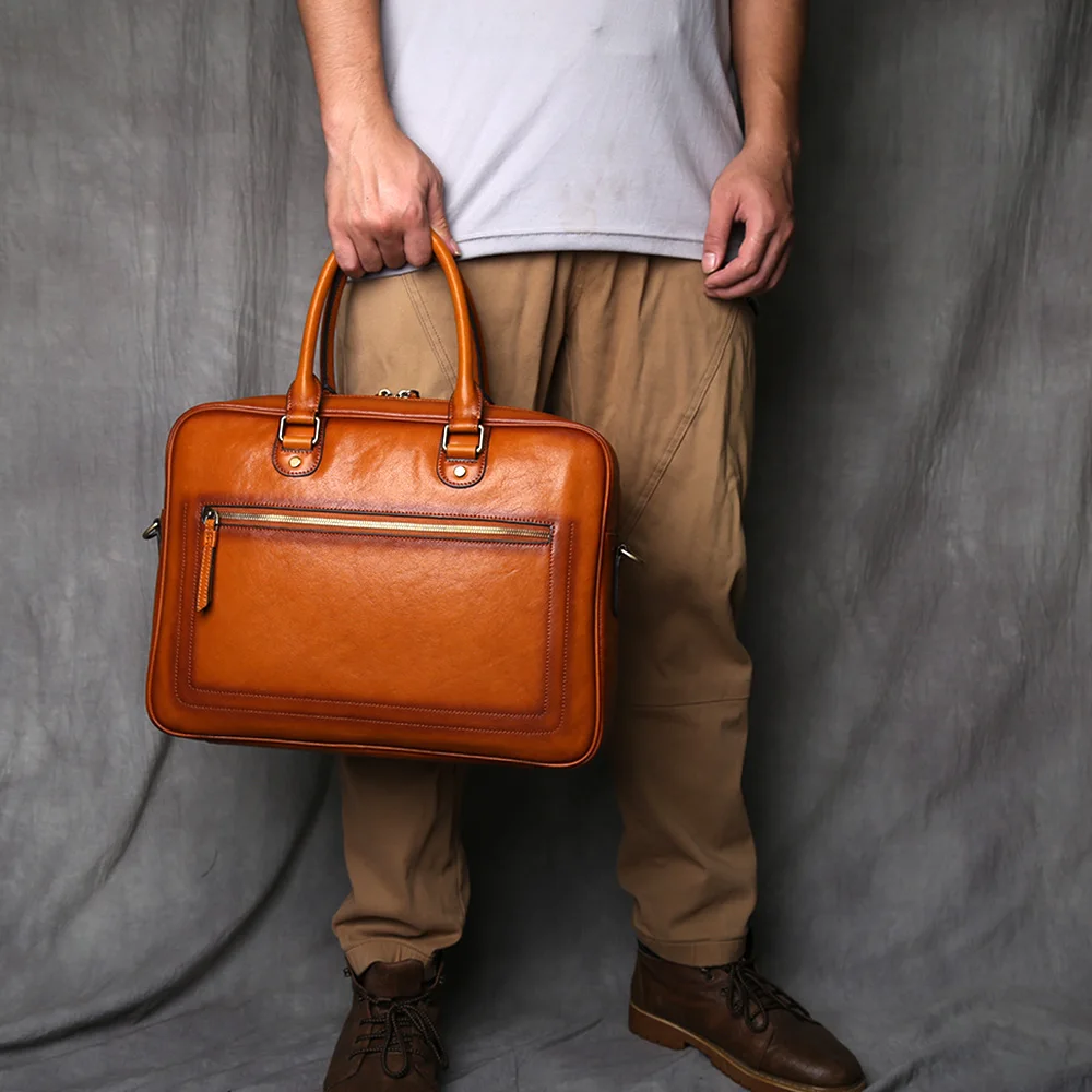 NZPJ Men's Vintage Genuine Leather Briefcase Top Layer Cowhide Handbag Business Crossbody Computer Bag  Casual Crossbody Bag