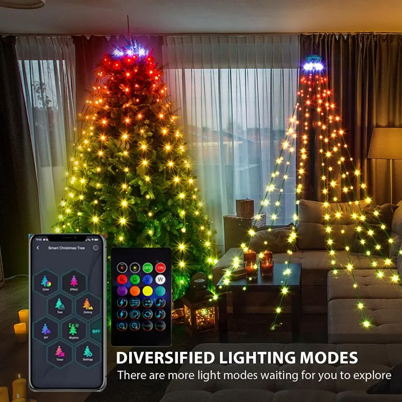 

Smart Christmas Tree Lights Fairy RGB LED Star String Lights Bluetooth APP Waterfall Garland for Xmas Home Yard Holiday Decor