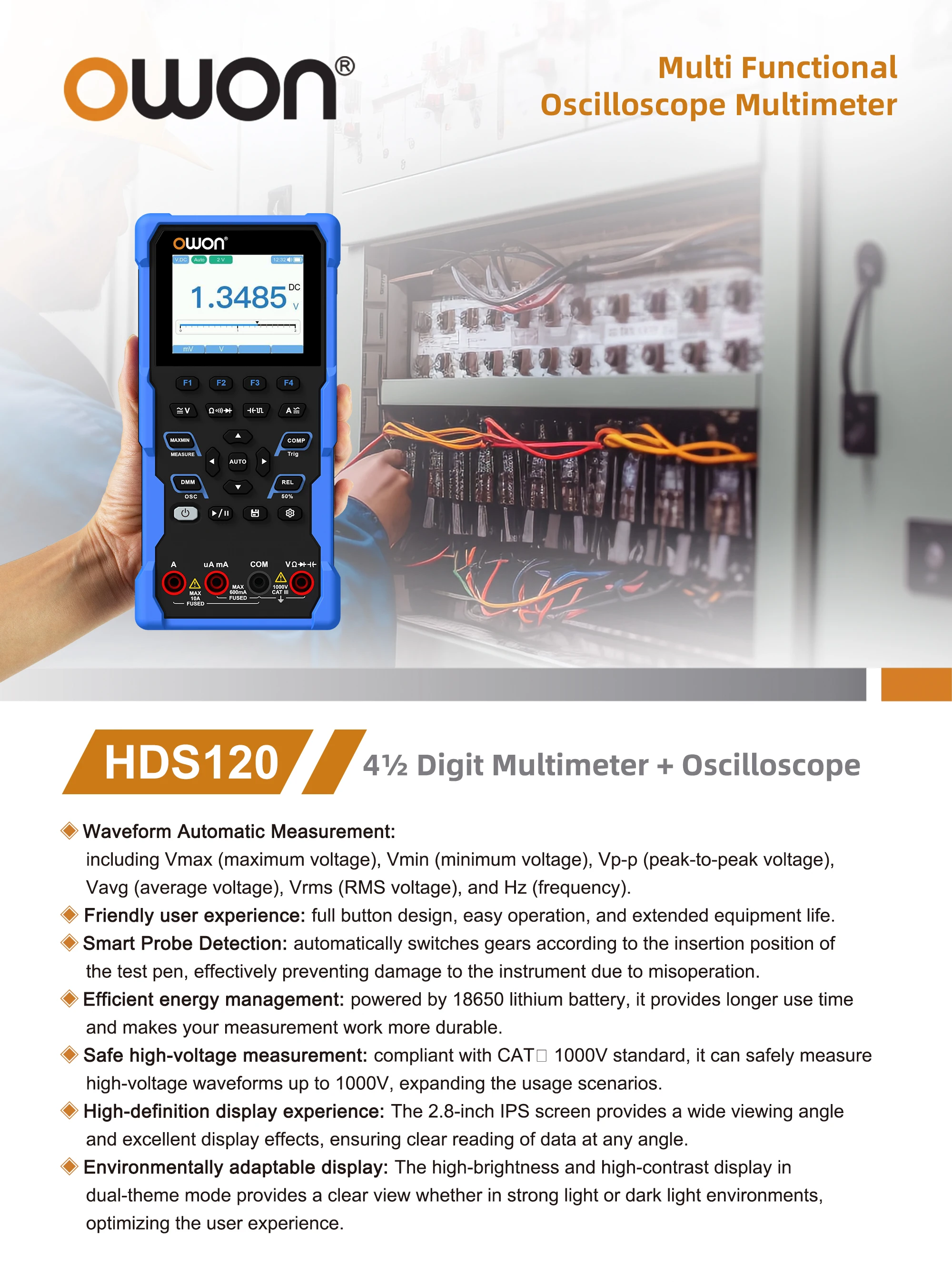 HDS120 Handheld Digital Oscilloscope Multimeter 2-in-1 20000 Count True Root Mea