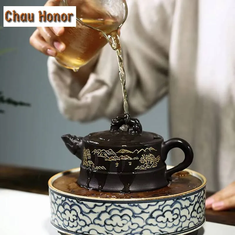 225ml Yixing Raw Ore Ugin Mud Purple Clay Pot Handmade Lettering Household Teapot Puer Kung Fu Tea Set Tea Ceremony Accessories