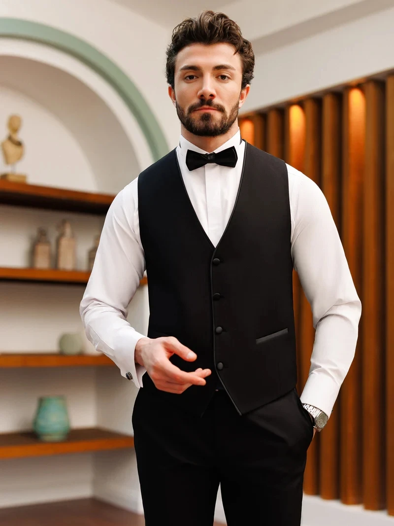 Handsome Black Slim-Fitting Tuxedo Suit for Men, Vest, Coat, Pants, Formal Occasions, Wedding, Cocktail, 3Pcs, 2024