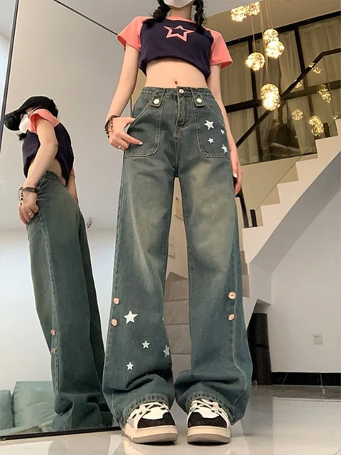 HOUZHOU-Jeans Y2K Star feminino, calça jeans, estilo coreano