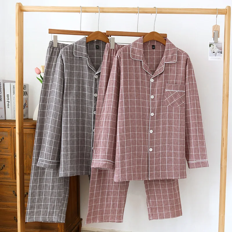 Japanese New Men's Spring/Summer Pajama Set 100% Cotton Plaid Long Sleeve Pants Two Piece Set Large Relaxed Home Furnishing pajamas set man pajamas set