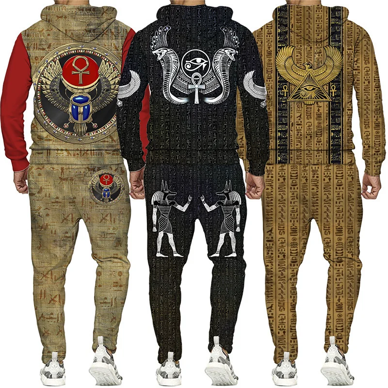 S-6XL Mărime mare 3D Jachetă pentru bărbați cu imprimeu egiptean Hanorac cu pantaloni Set Trening pentru bărbați Iarnă și toamnă Sport Umăr bărbătesc_voghion.com