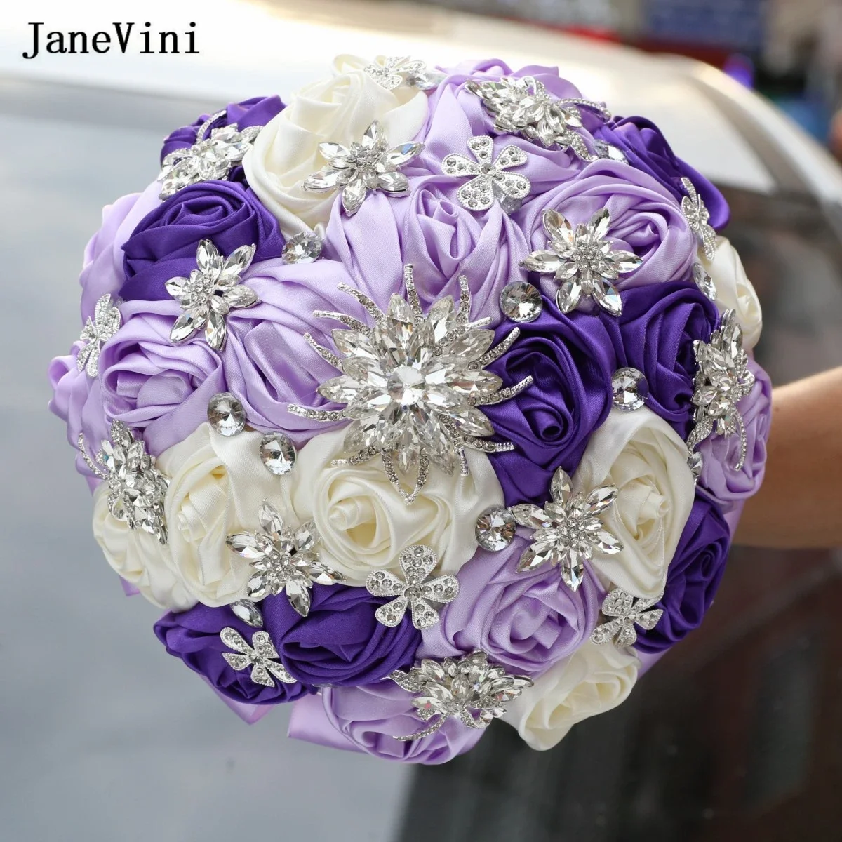 JaneVini Purple Crystal Wedding Bouquet Artificial Satin Rose Bridesmaid Bride Holding Flowers Rhinestone Jewelry Bridal Bouquet