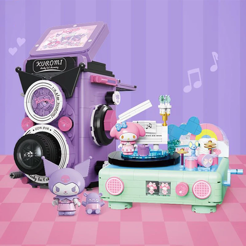 

New Sanrio Kuromi My Melody Camera Record Player Car Model Blocks Cartoon Creativity Assembly Model Dolls Puzzle Toy Kids Gifts