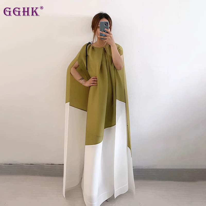 

GGHK Miyake Designer Original Pleated Maxi Dress 2023 New Korean Fashion Luxury Loose Aesthetic Mid-length Now!