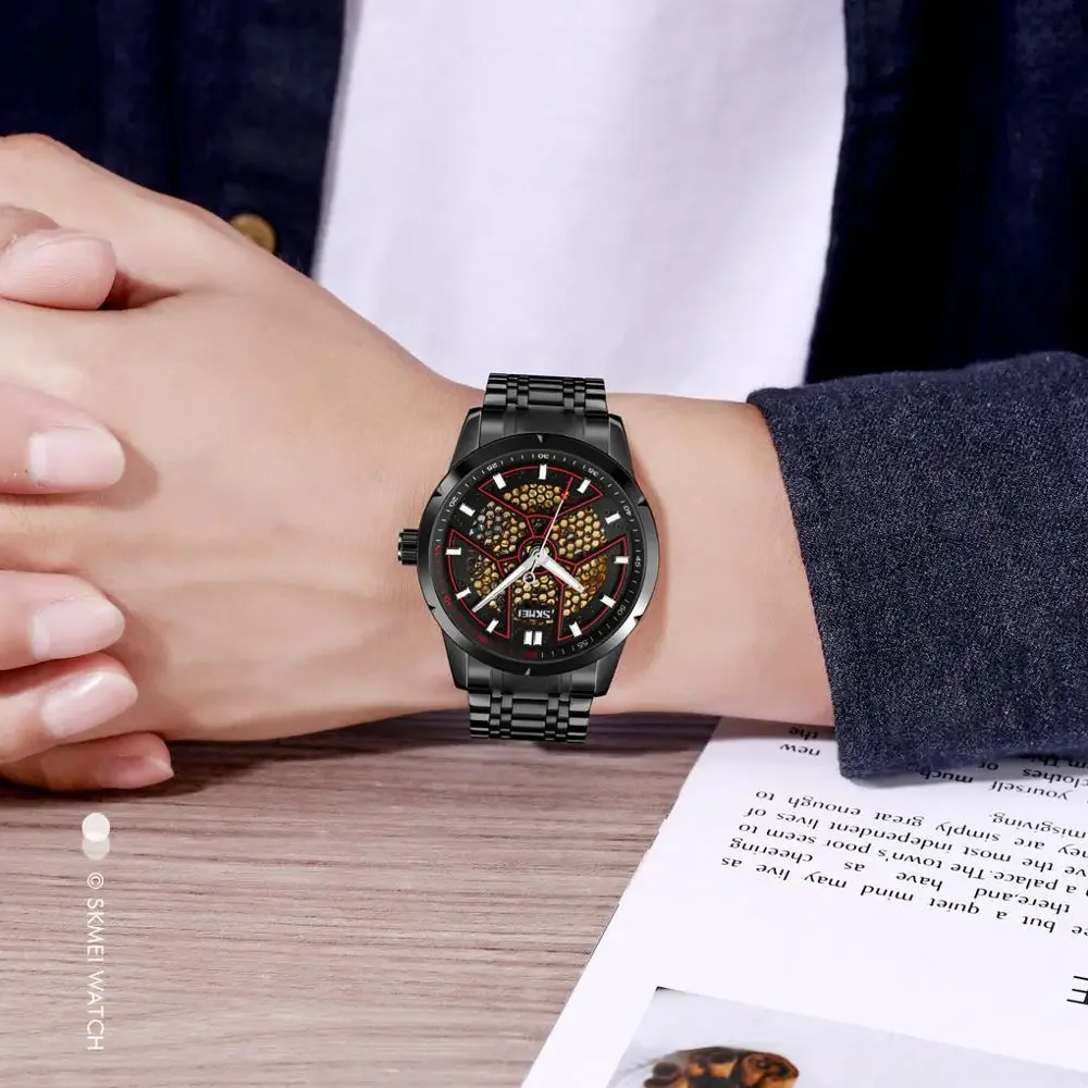 SKMEI Fashion Hollow out Automatic Mechanical Watch Honeycomb Mesh Pointer Men's Alloy Business Stainless Steel Watch