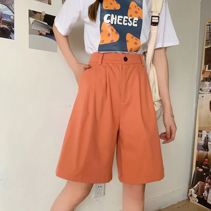 Soft Pleated Shorts Women’s Japan Simple Summer Knee Length Trousers College Teens Unisex Vintage High Rise Waist Loose Plus size womens Japanese Clothing for Woman in Orange