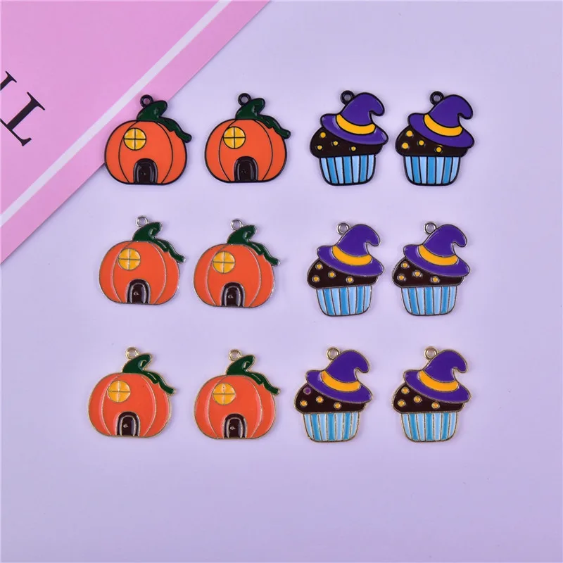 

10pcs Pumpkin House Witch Hat Cake Halloween Metal Charms Pendant for DIY Jewelry Making