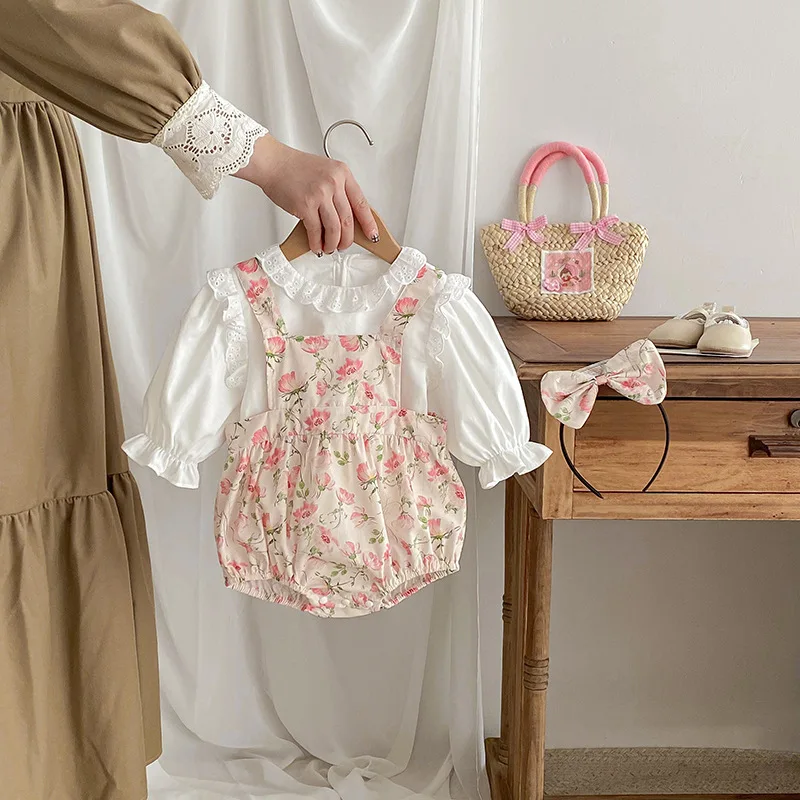 2025 Spring Autumn Baby Girls 2PCS Clothes Set Ruffle Solid Cotton Shirts Flower Printed Strappy Romper Suit Toddler Girl Outfit 3