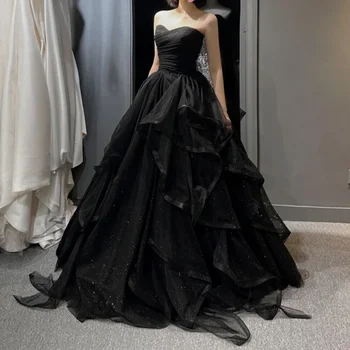 Temperament Black Elegant Wedding Party Dresses Strapless Tiered Draped Prom Robe New Ball Gown Formal Dress Women Vestidos