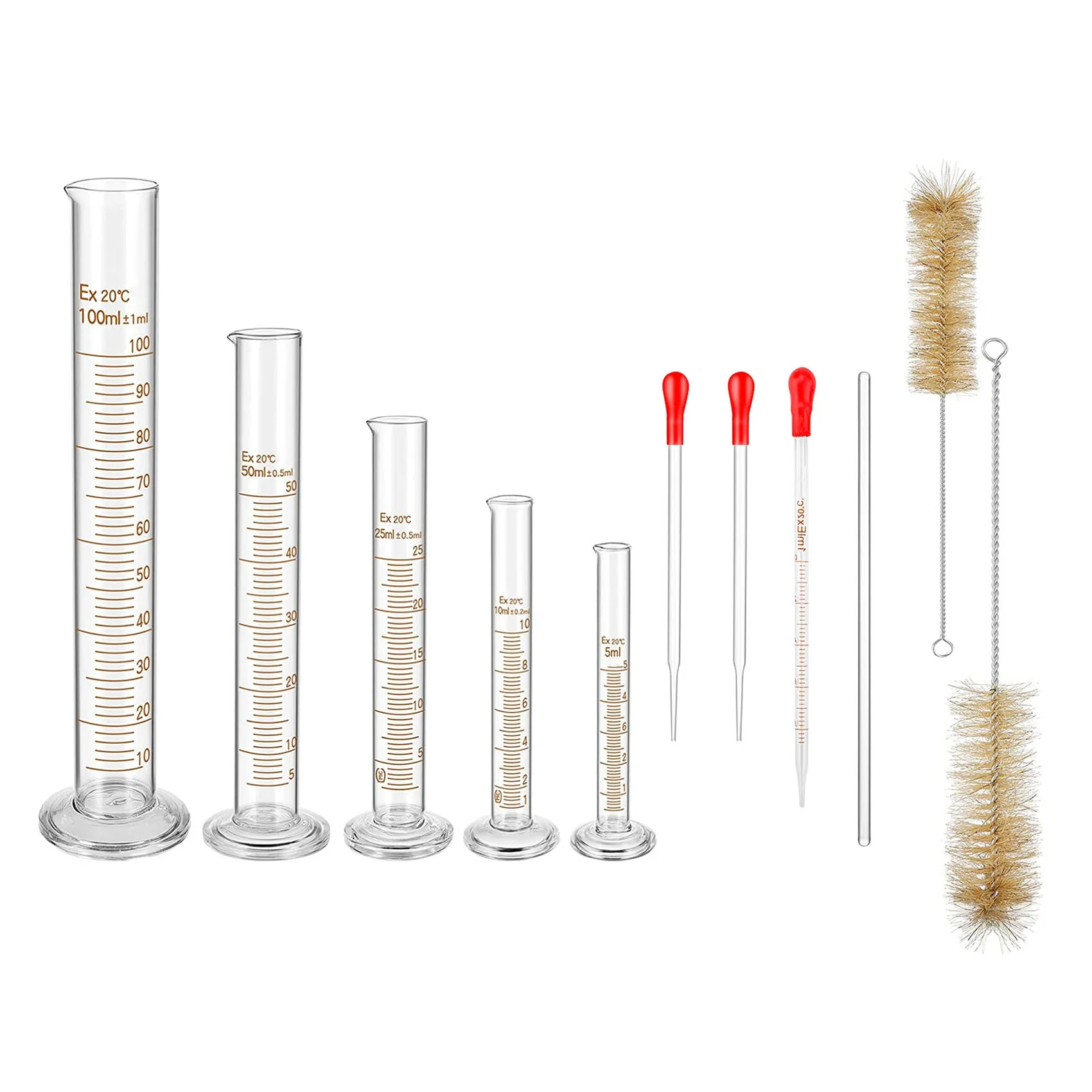 Glass Graduated Measuring Cylinders Set Premium Borosilicate Cylinders Kit 3 Pipettes + 2 Brushes + 1 Stirring Rod
