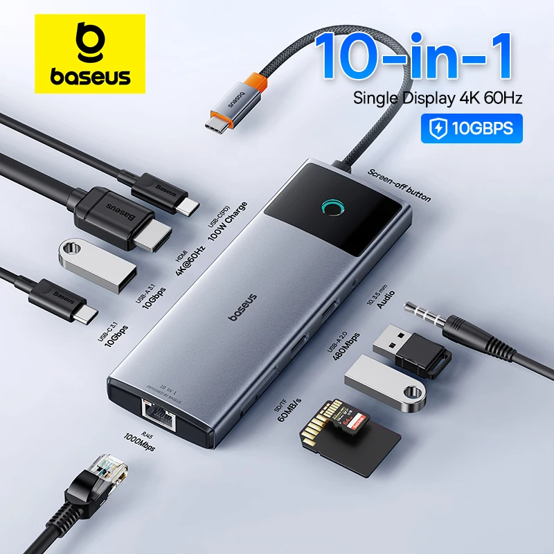 Baseus 10Gbps USB C HUB 4K 60Hz Tipe C ke HDMI RJ45 Ethernet PD