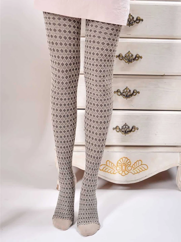 British Style Women Retro Lozenge Pantyhose Thick Wool Blend Soft Elastic Fashion Knit Warm Tights