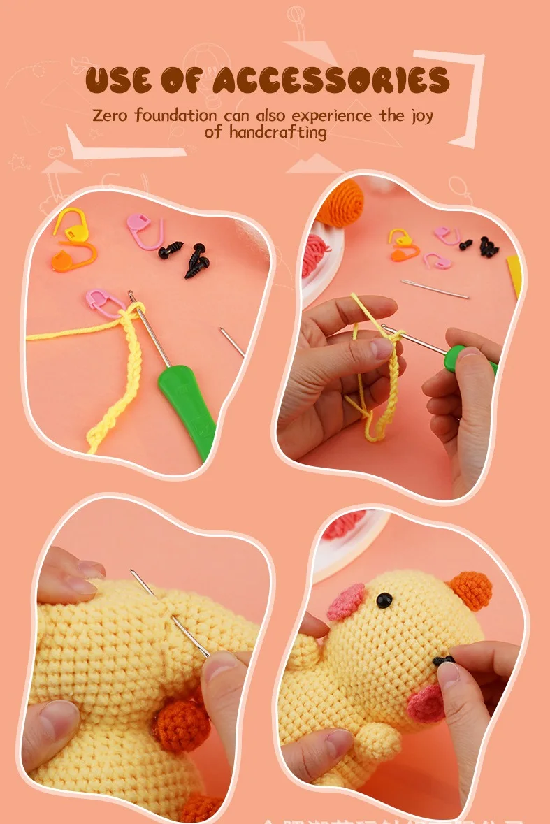 Hand Made Woven Dinosaur Shape Doll Ornaments Crochet Wool DIY Crochet Knitted Material Bag Complete Set