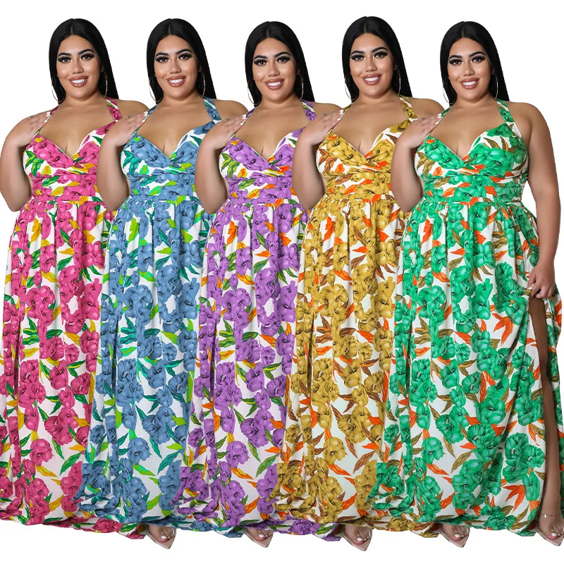 

Платье женское с цветочным принтом, праздничное пикантное Макси-Платье с V-образным вырезом, без рукавов, с разрезом и открытой спиной, большие размеры 5XL, на лето