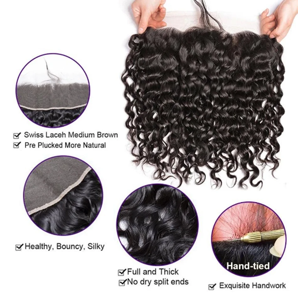 Frontale in pizzo 13x4 Water Wave, chiusura in capelli umani con onda naturale, HD, trasparente, solo frontale. - immagine 4