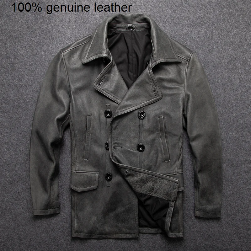 

Genuine GU.SEEMIO Factory Cowhide Vintage Men Leather Jackets Windbreaker Distressed of Grey Motor Biker Clothing Wind Coat