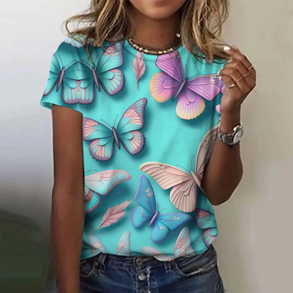 

2023 New 3D Printing Beautiful Butterfly Pattern Women's T-shirt Casual Short Sleeve Round Neck Top T-shirt Clothing