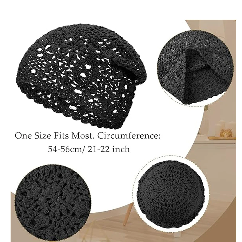 New Women Handmade Crochet Slouchy Beanie Knit Hat Elegant Flower Hollow Out Breathable Skull Cap Elastic Beanies Chemo Cap 3