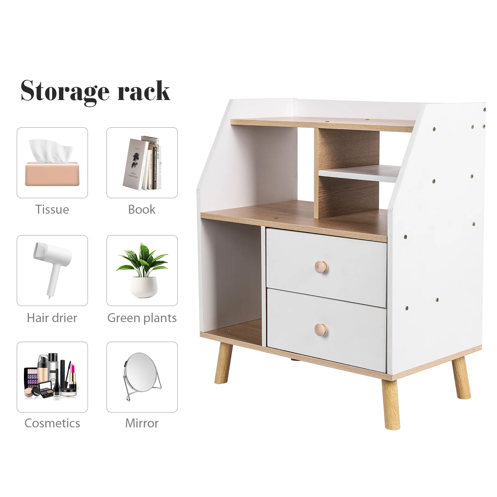 Wooden Bedside Table with 2 Drawers for Living Room and Office