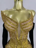 Women Shiny Golden Sequins Sexy Strapless Bodysuit With Gloves Celebrity Elegant Evening Party Birthday Dresses Stage Costume - Image 5