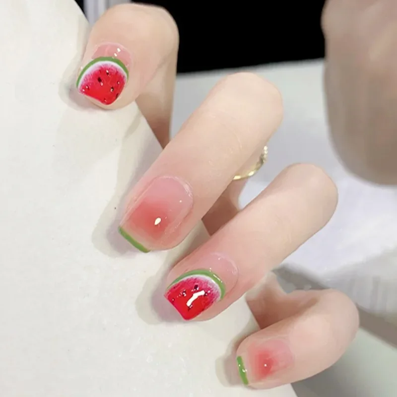 Fake Nails 24Pcs/Box Frozen Watermelon Women Girls Nail Art Fake Nails Handmade Coffin Cute Kawaii Press-On Nails