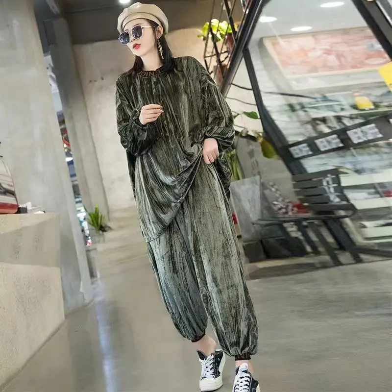 

Early Autumn Fallow Fashion Temperament Look Slimmer Long Sleeve Cover The Flesh Individuality High-waisted Pants Two-piece