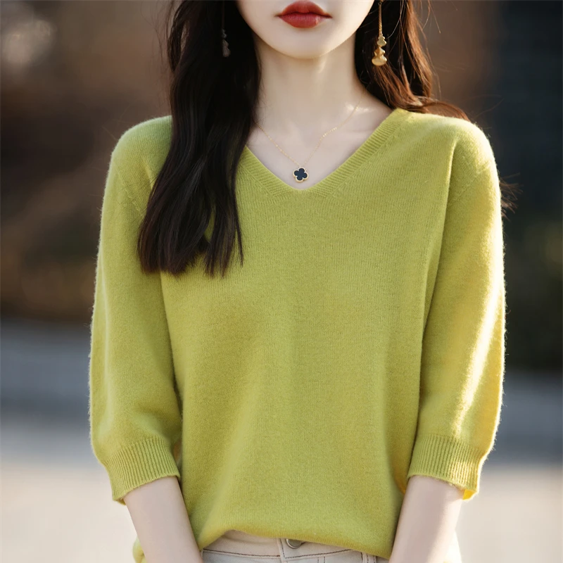 2025 100% ميرينو الصوف محبوك سترة بأكمام قصيرة خط...