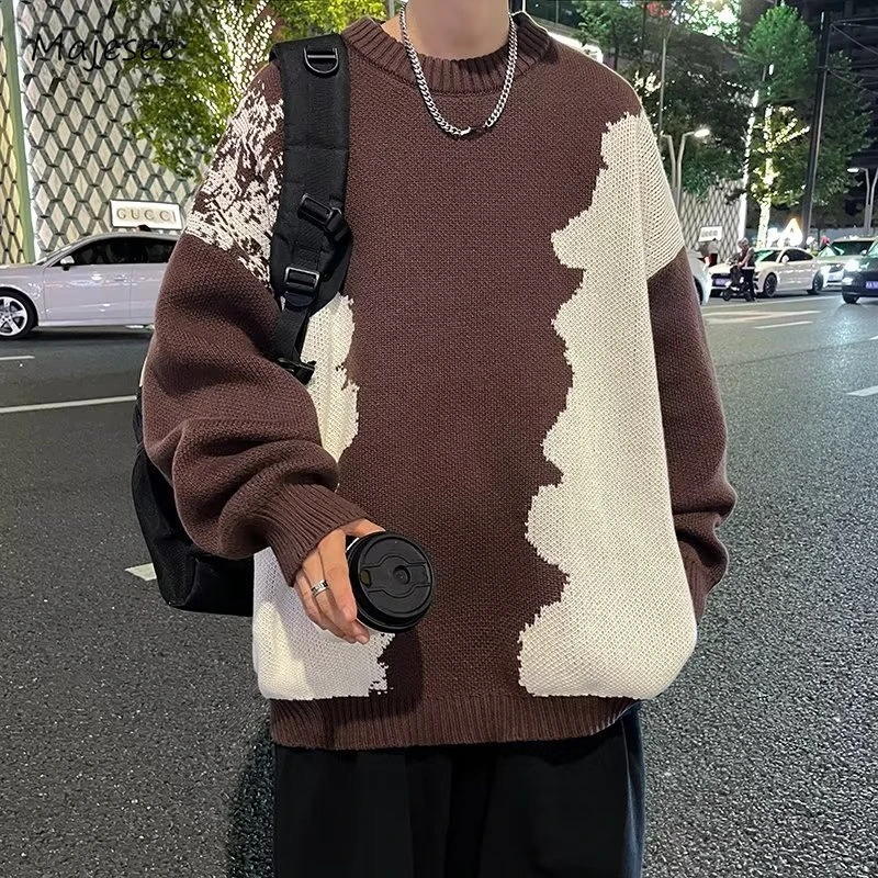 

Maillard Sweaters Men Baggy American Style Retro Daily Autumn Winter O-neck Stylish Casual Advanced Aesthetic Cityboy Panelled