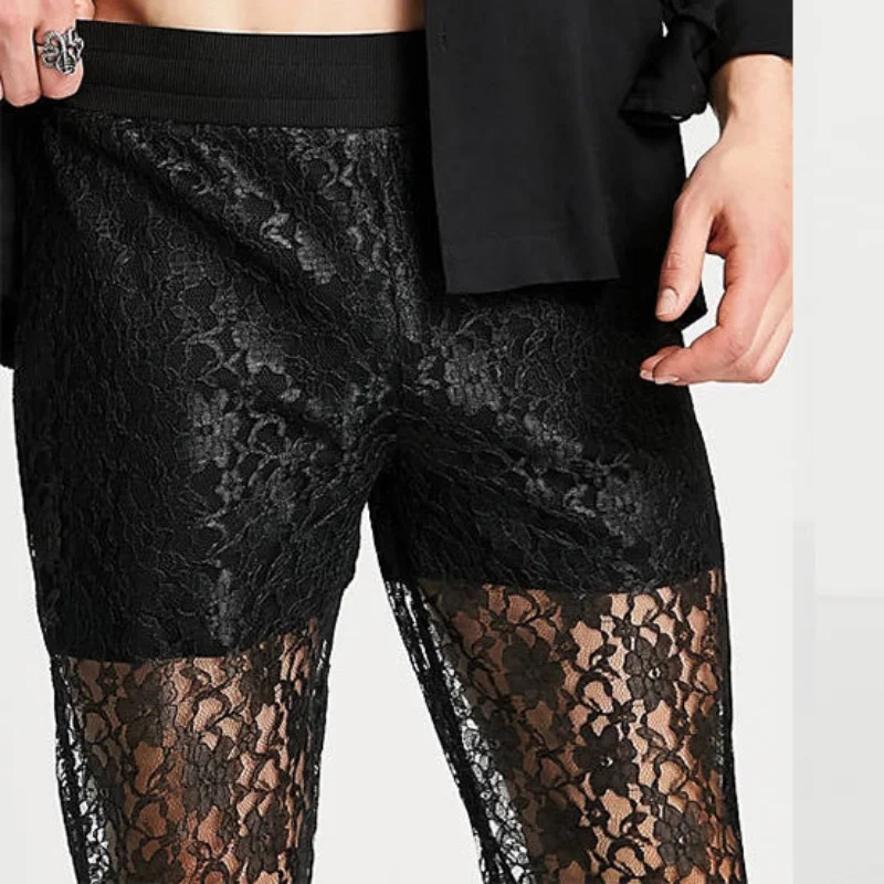 European American Men Casual Pants Sexy Black Lace Trousers Show Dress Mesh Cut Out Bell-bottoms Moletom Masculino Pantalon New