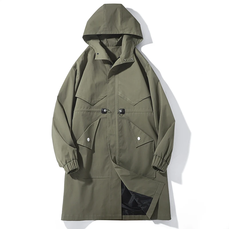 Mens Trench Coats Zippered Streetwear Men's Hooded Jackets Mid Length Big Pockets Oversize Windproof Outwear
