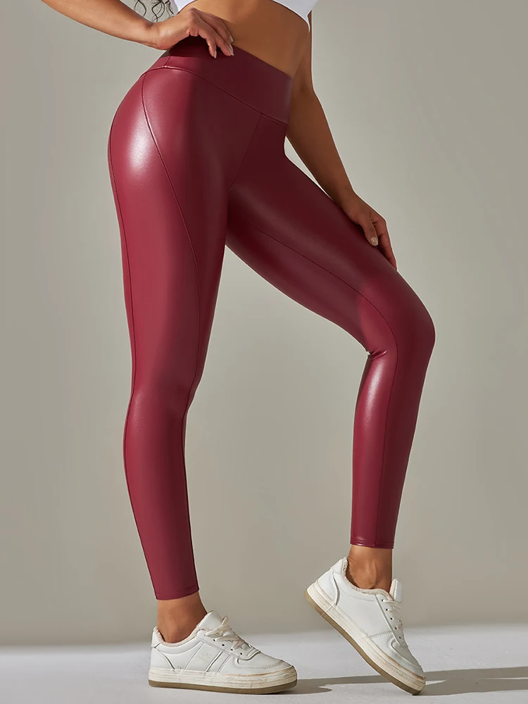 Leggings Plateados Brillantes De Cuero Sintético De Cintura Alta Para Mujer