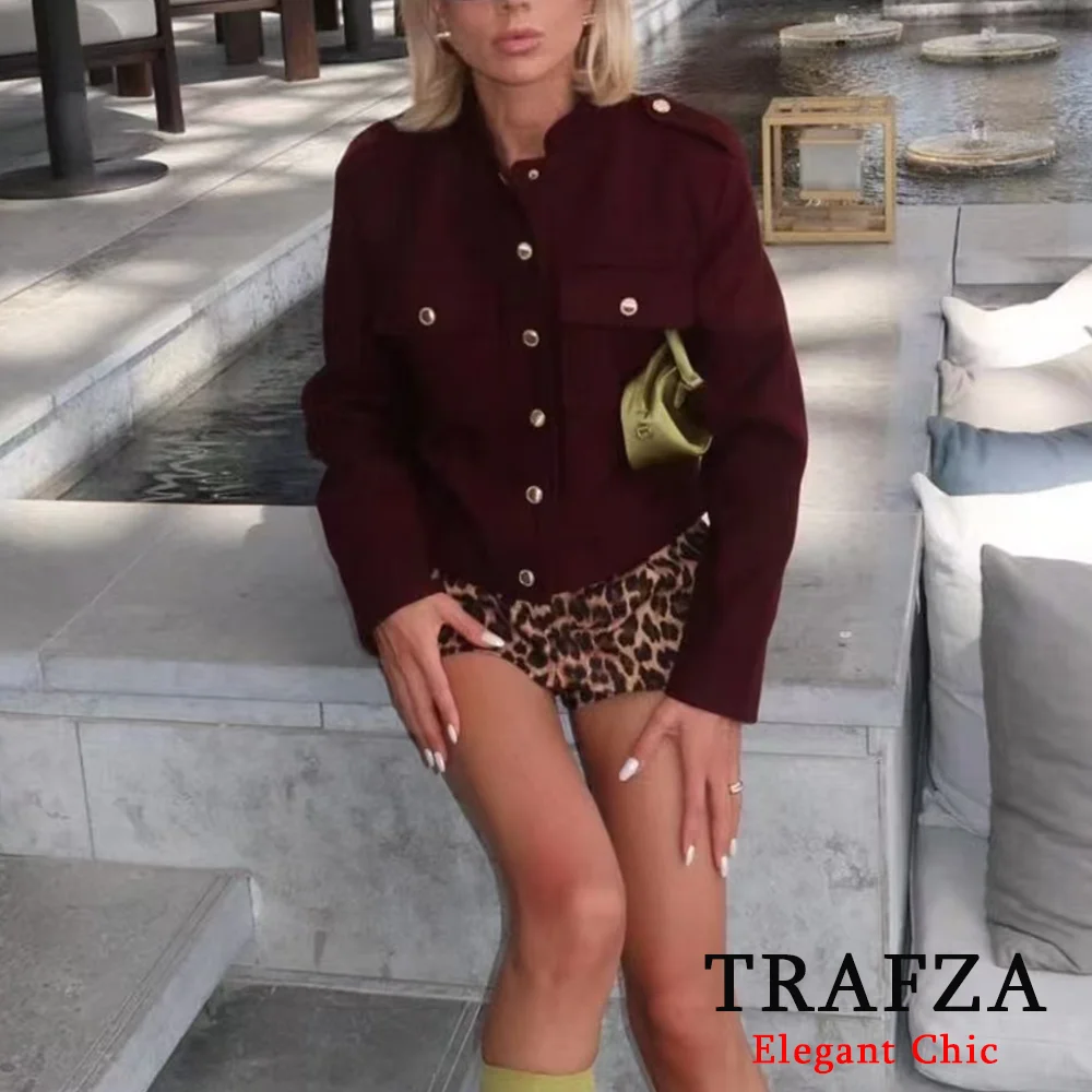 TRAFZA Women Vintage Soft Tweed Jacket Gold Color Button Half Collar Jacket Autumn Fall Fashion women tweed jacket
