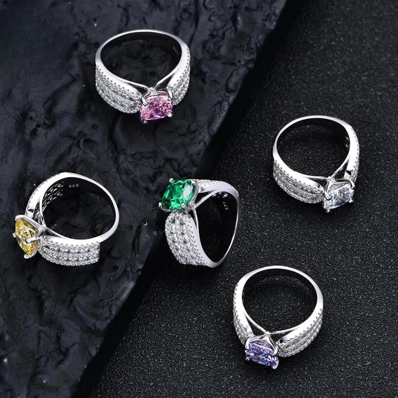 

New 925 Silver Jewelry Full Diamond Ring Wall Inlaid with 8 * 8mm Fat Square High Carbon Diamond Colorful Treasure Women's Ring