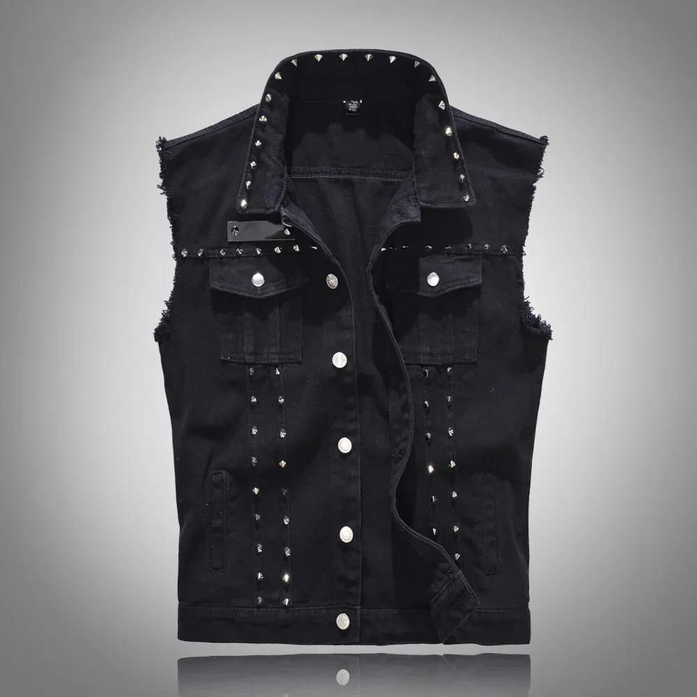 

2024 Spring Fashion Rivet Denim Vest Punk Party Studded Slim Fit Jean Jacket Male Sleeveless Waistcoat for Men Plus Size 6XL