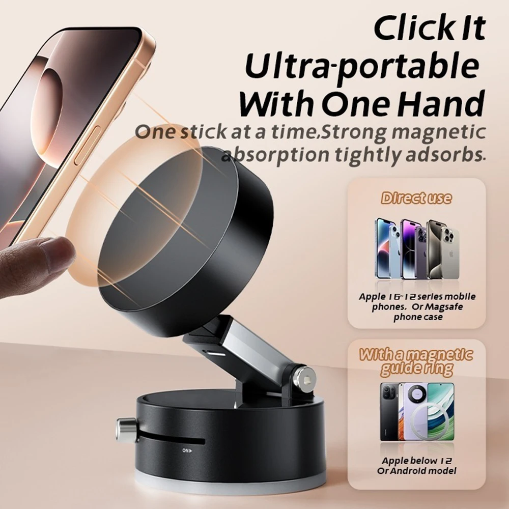 Universal Magnetic Car Mount with 360° Rotation and Vacuum Suction Cup