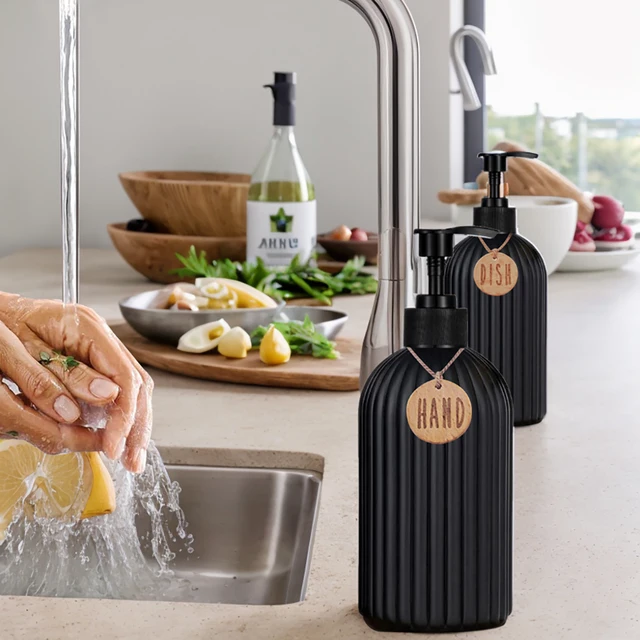 2 ชิ้นสีดําเครื่องจ่ายสบู่เหลวพร้อมถาดซิลิโคน, 500 มิลลิลิตรรีฟิลมือและจานสบู่ขวดเหมาะสําหรับอ่างล้างจานตกแต่ง 4